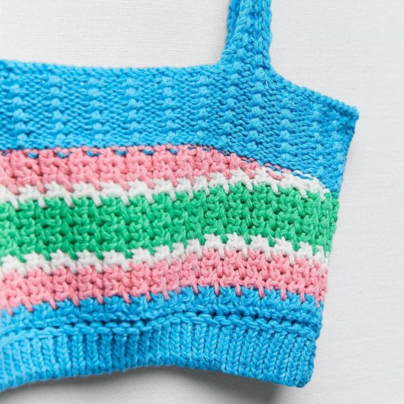 NEW Zara Crochet Knit Striped Y2K Cropped Top Blue Pink Green White Small S - Picture 5 of 7